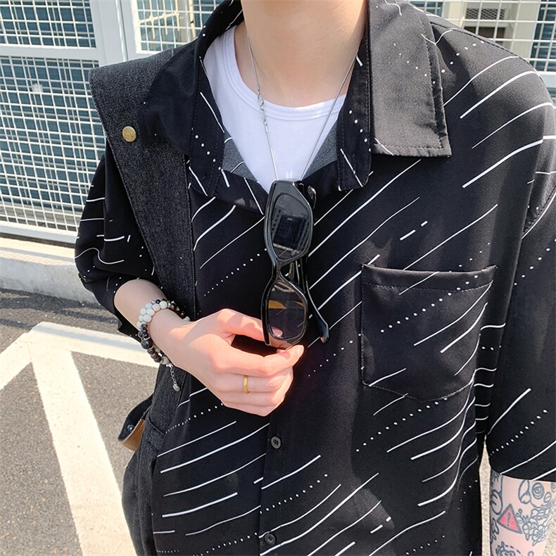 EQ407港风条纹夏季短袖衬衫男宽松版型冰丝衬衣P40,男装衬衫,电商C306-1