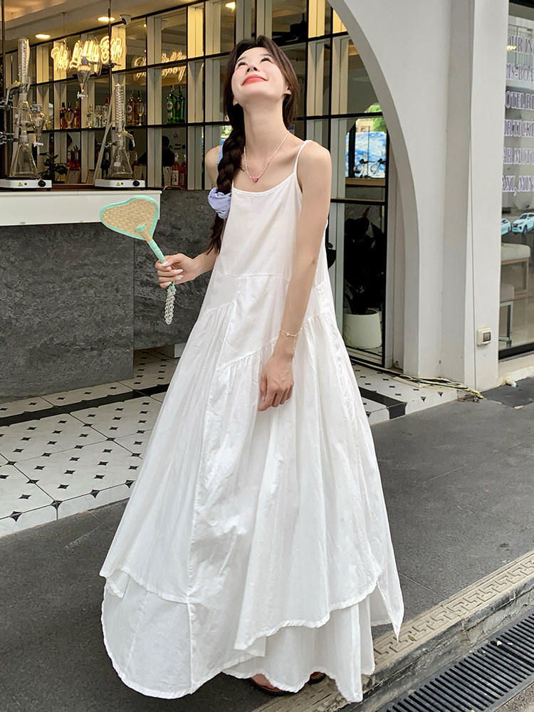 法式初恋白色连衣裙女2025年夏季新款甜美温柔风海边度假吊带长裙,女装连衣裙,诺蝶