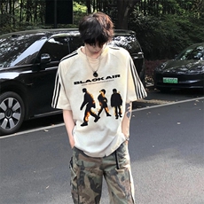 抖音得物高品质二开240克宽松纯棉美式潮牌三条杠织带短袖T恤，男装T恤，电商A486-1