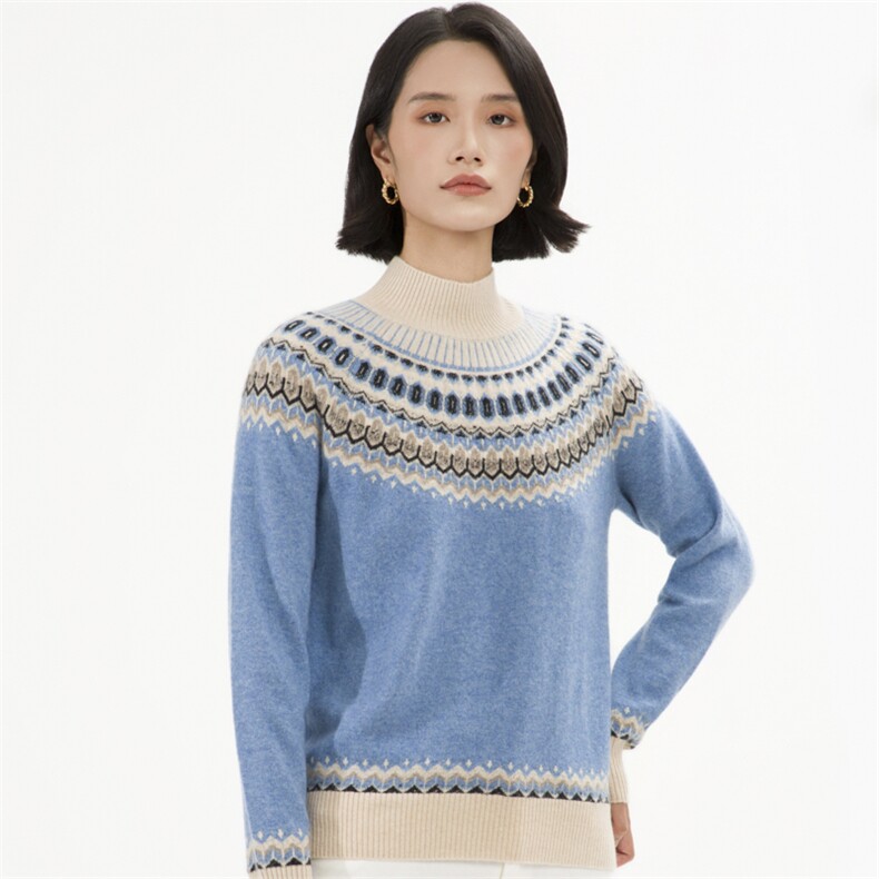 民族风纯山羊绒衫女圆领双股加厚毛衣秋冬时尚拼色针织打底衫,女装羊绒衫,巾兮羊绒