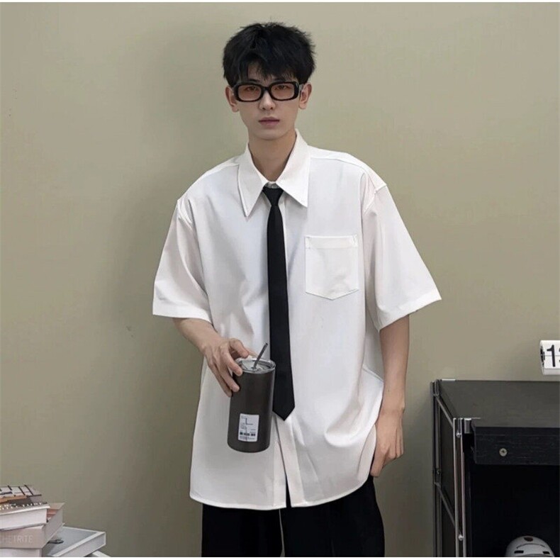 配送领带衬衫百搭尖领气质潮流青年短袖垂感免烫衬衣LDCS01 P30特图片
