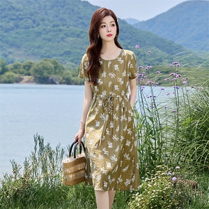 复古印花短袖连衣裙女2025夏季新款系带收腰显瘦气质减龄休闲裙子图片