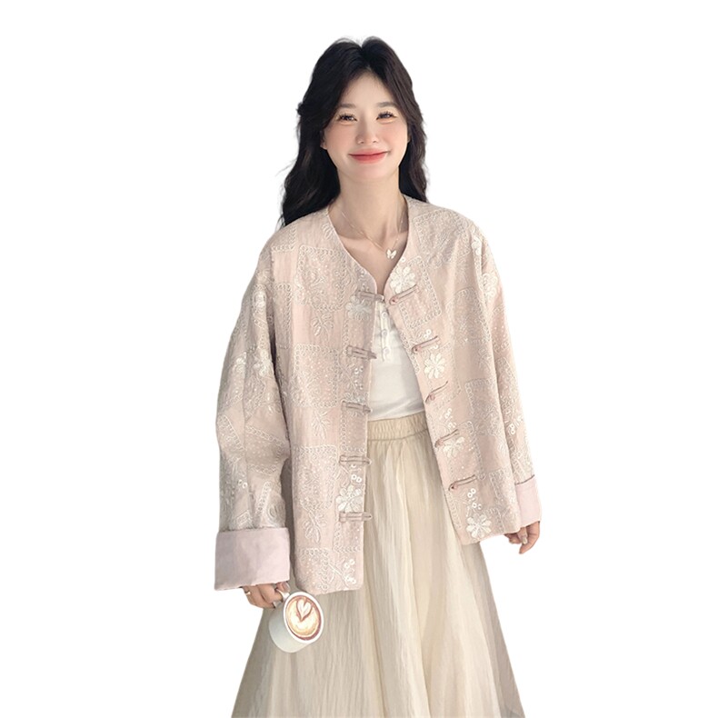 粉色新中式国风刺绣短外套女2025春季新款独特超好看气质圆领上衣,女装短外套,2C217