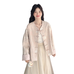 粉色新中式国风刺绣短外套女2025春季新款独特超好看气质圆领上衣图片