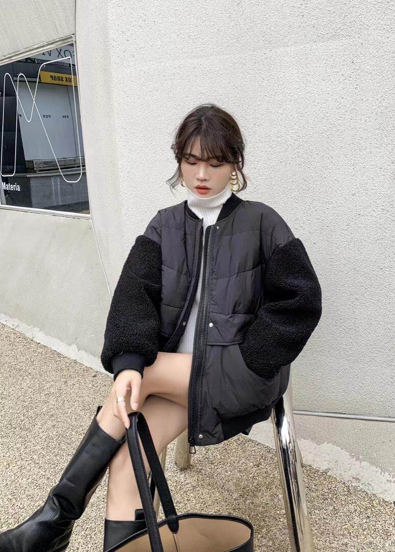 现货羊羔毛拼接羽绒服，女装羽绒服，爱美欧