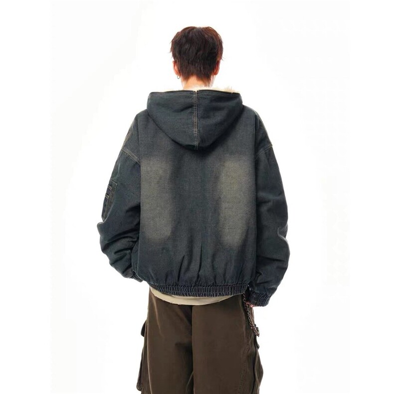 美式连帽牛仔棉服男女水洗重磅座山雕毛领复古加绒加厚夹克外套潮,男装夹克,星座715-4