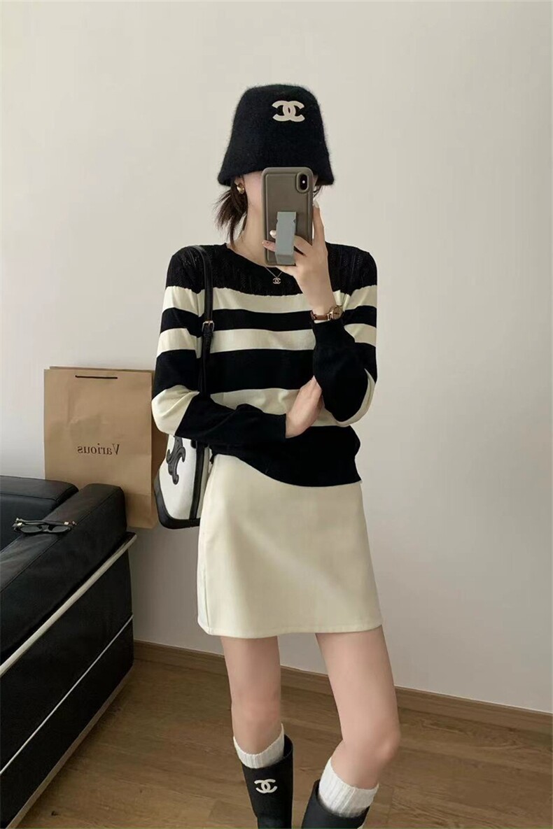 时尚百搭休闲条纹圆领针织衫优雅显瘦尽显女性魅力,针织衫/毛衣,暖姿羊绒