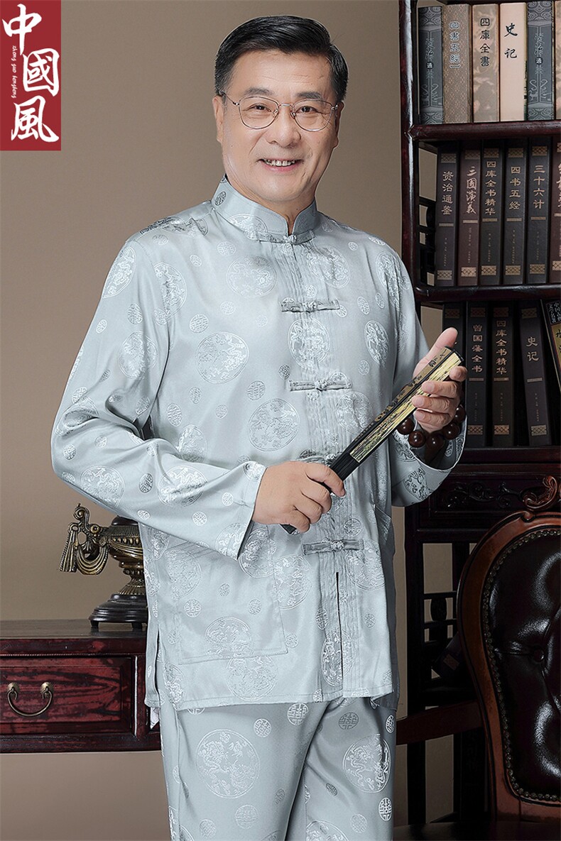 主推风中老年唐装男春秋长袖套装太极服丝绸爷爷装,男装中老年男装,钱塘723