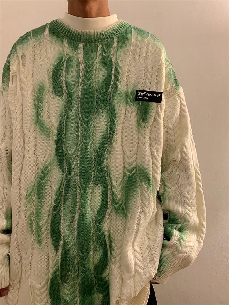 秋季新款设计感扎染破洞针织衫扭花中性风渐变毛衣MY203-P88控108,男装针织衫/毛衣,电商A422-1