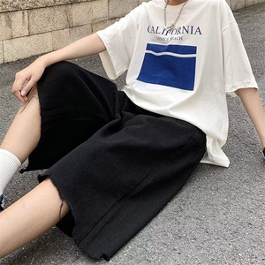 ins嘻哈复古夏五分裤毛边牛仔裤宽松直筒短裤男女裤子RK2850-P34图片