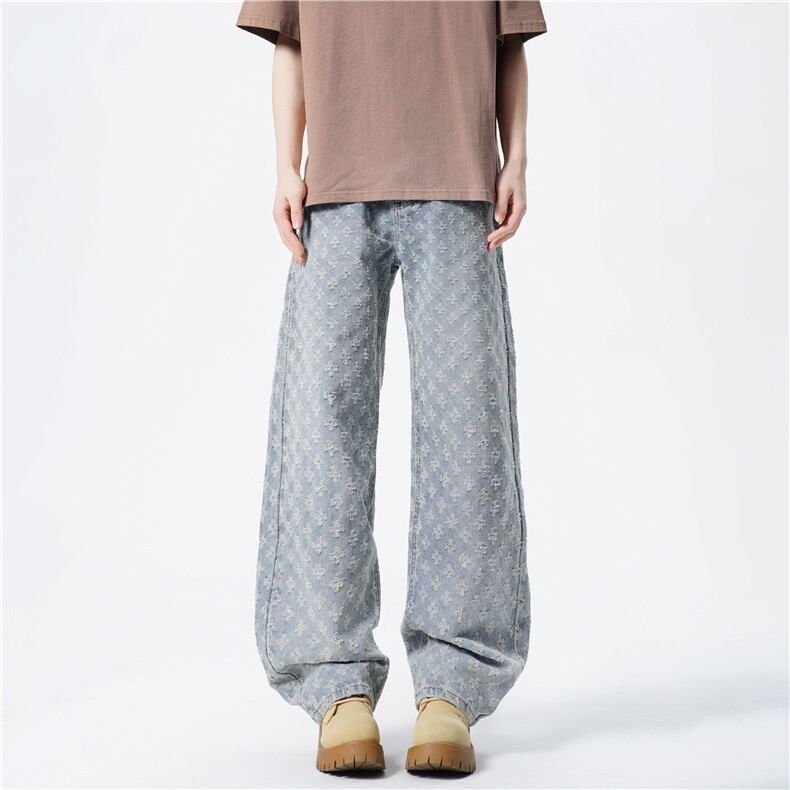 K1107-p39（网络图）现货得物牛仔裤无弹阔腿直筒裤长裤扎花，男装牛仔裤，星座103A-1