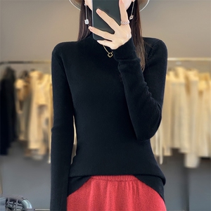 秋冬简约气质纯色羊毛衫女半高领保暖减龄毛衣针织打底衫