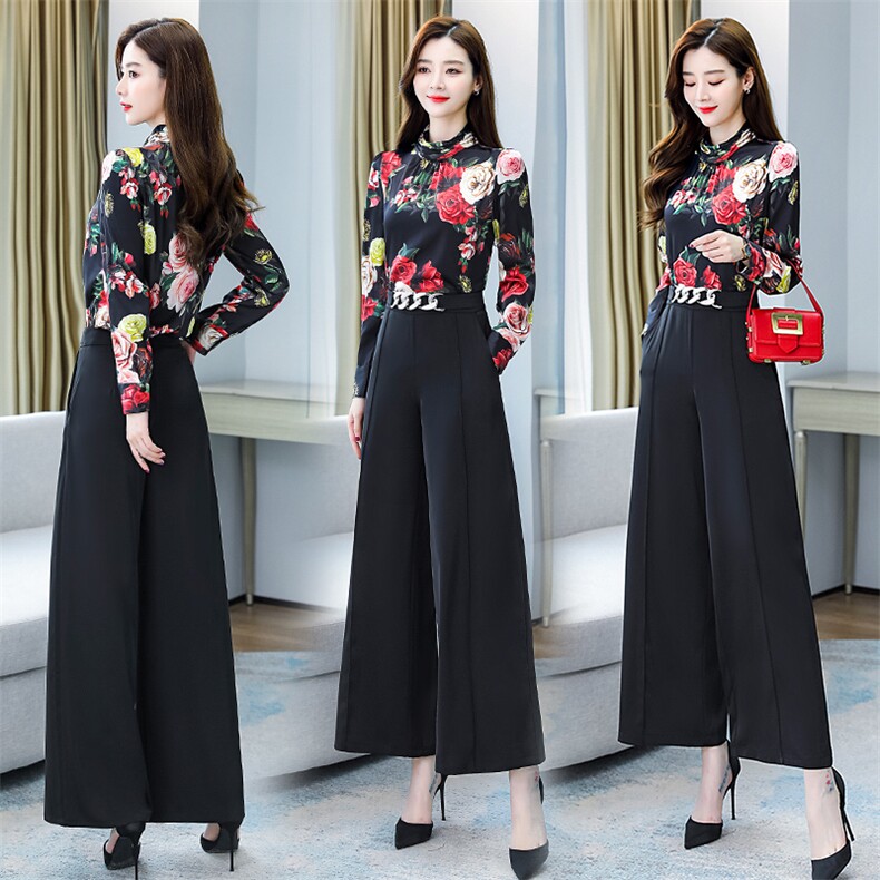 2021春装新款时尚修身印花阔腿裤套装，女装套装/套裙，天丝秀