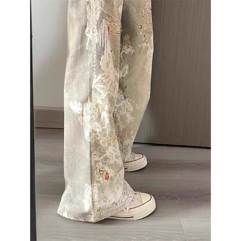 现货美式复古涂鸦baggy做旧宽松直筒牛仔裤男女同款L10655-P62,男装牛仔裤,星座1008