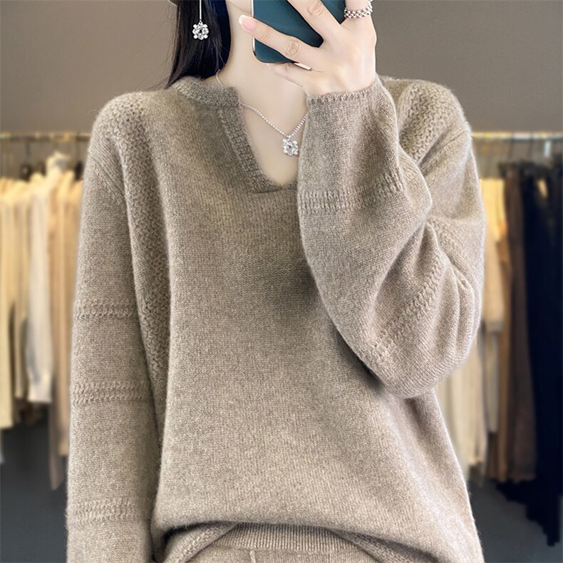 欧货重磅V领提花羊绒毛衣女秋冬新款宽松慵懒风羊毛衫针织打底衫,女装羊毛衫,鸿陌羊绒