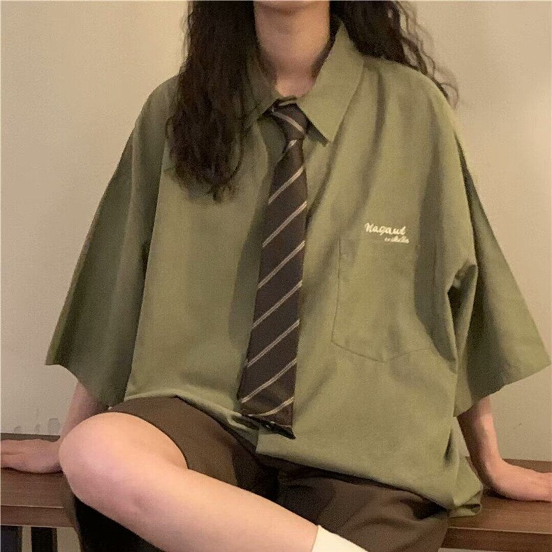 D598-P38夏新款纯色宽松学院风高级感短袖衬衫上衣女-网图现货,男装衬衫,星座603-2