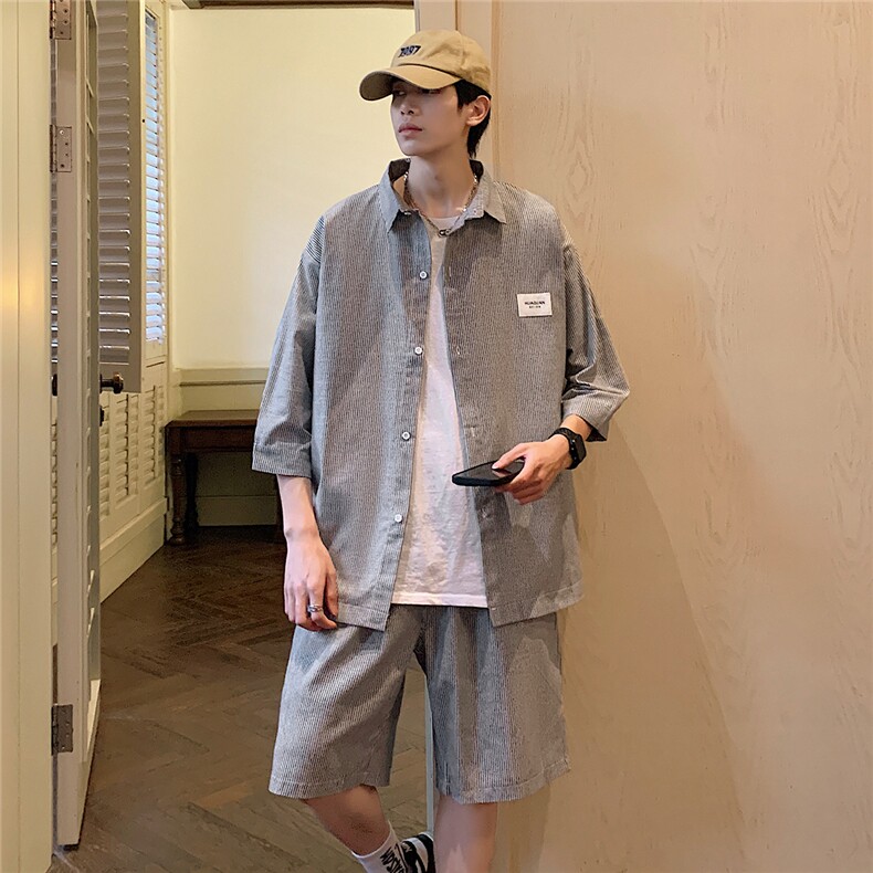 2026夏小清新条纹衬衫五分裤棉质宽松运动套装TZ8090/P65黑色8,男装休闲套装,电商A094