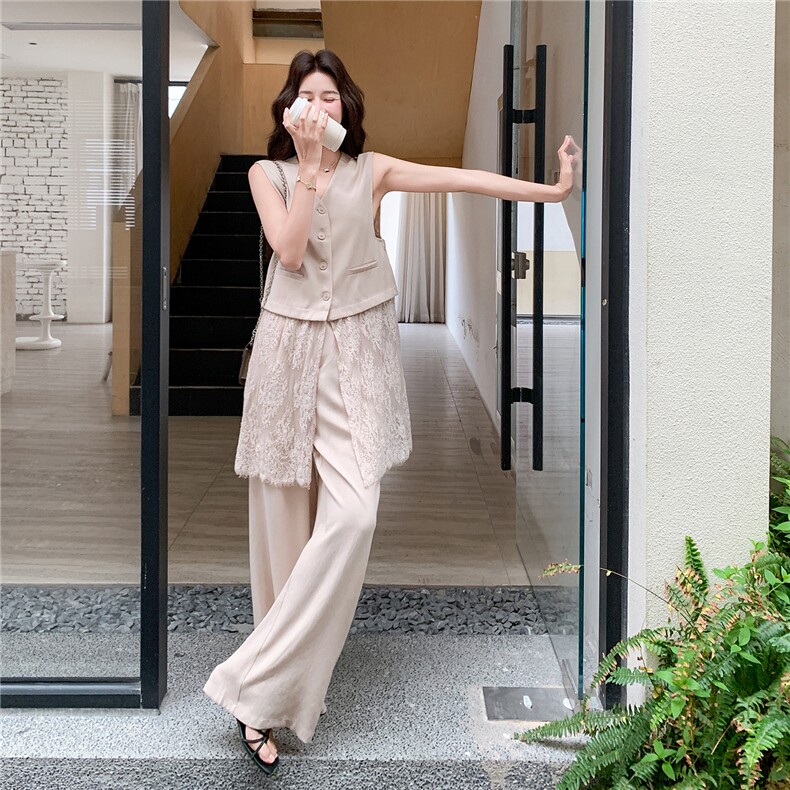 韩系松弛感蕾丝拼接马甲套装女2026夏季新款休闲阔腿裤两件套,女装套装/套裙,流量+