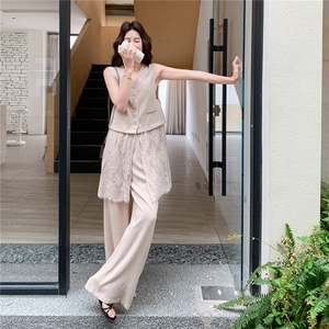韩系松弛感蕾丝拼接马甲套装女2026夏季新款休闲阔腿裤两件套