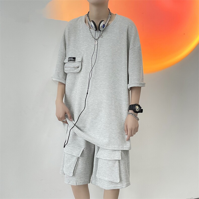 703-TZ273-P75夏季华夫格大口袋短裤短袖套装M-5XL,男装牛仔裤,星座703