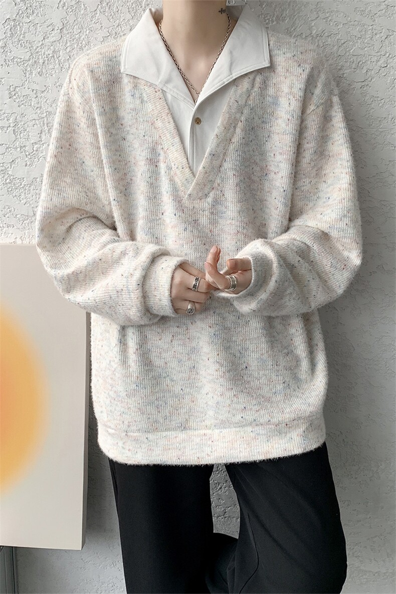 美式男士卫衣慵懒风彩点假两件翻领毛衣外衣宽松休闲针织衫,男装针织衫/毛衣,电商B319