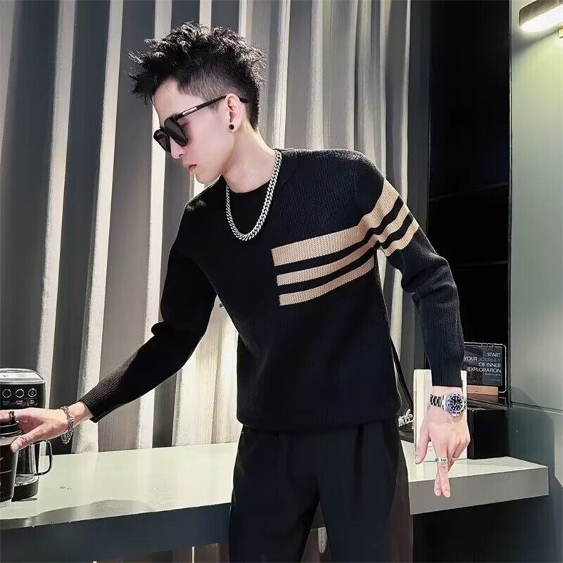 S610圆领条纹毛衣男修身潮牌新款潮流套头打底针织衫男百搭,男装针织衫/毛衣,星座308A-1（原309B-1）