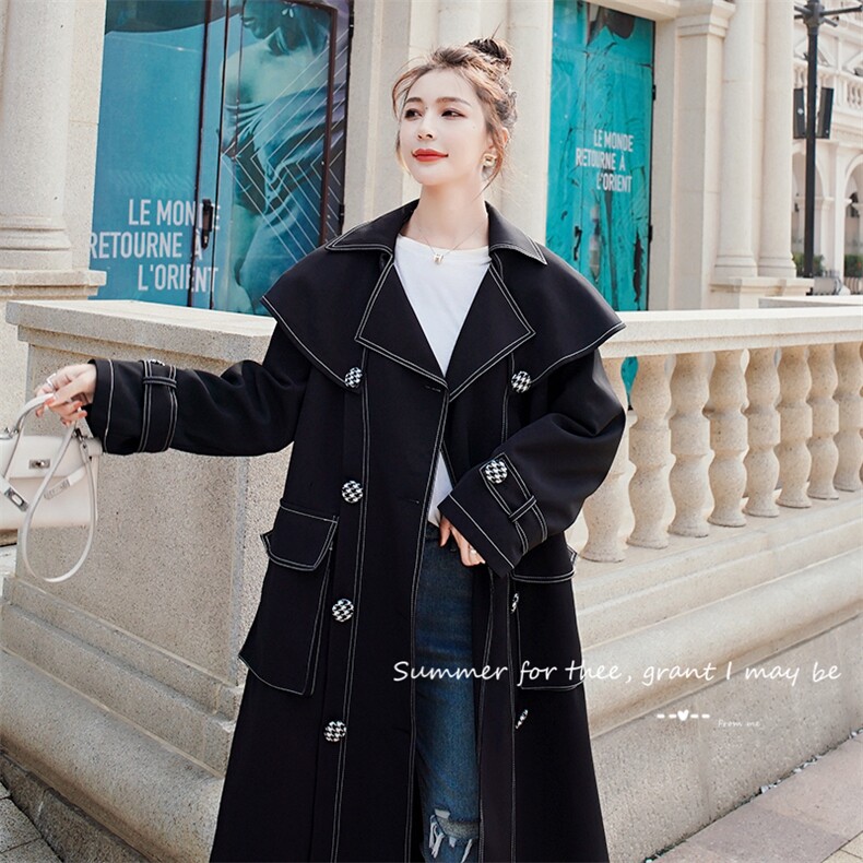 爆款上线斗篷明线设计千鸟格纽扣风衣外套163-W12-P140-控198，女装风衣，拾菱