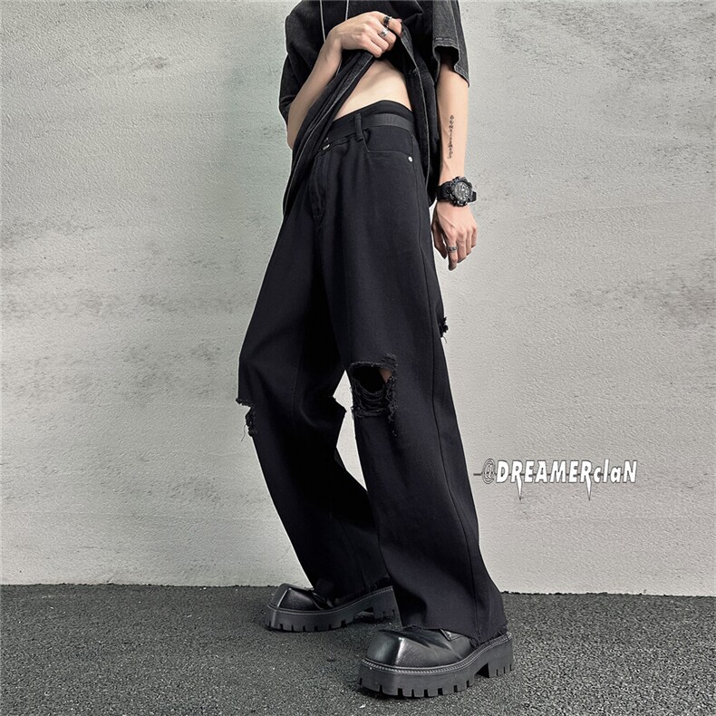 k707-p48-控68 M-5XL 抖音美式高阶黑暗破洞拉链宽松大码牛仔裤图片