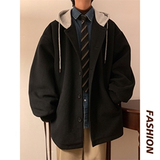 N6108/P95冬季港风连帽假两件中长款毛呢大衣男大码风衣呢料上衣，男装风衣，电商A141