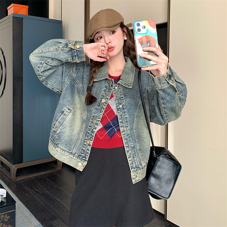 宽松慵懒风复古牛仔外套女2024春秋新款美式休闲显瘦工装夹克上衣，女装牛仔外套，纯色衣恋