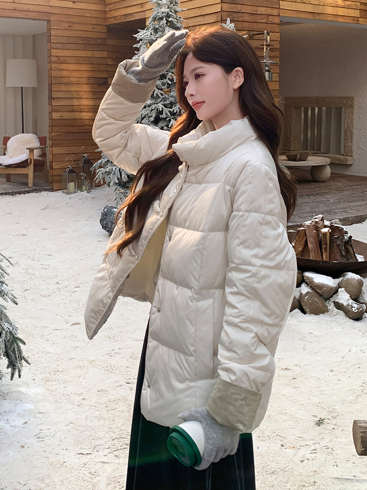 短款立领拼接袖简中式一手长加厚羽绒服女宽松保暖外套,女装羽绒服,水衣源
