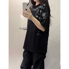 H0914-P35原版裁片印+大小烫金螺纹领+包边拉肩短袖T恤，女装T恤，星座617A-2