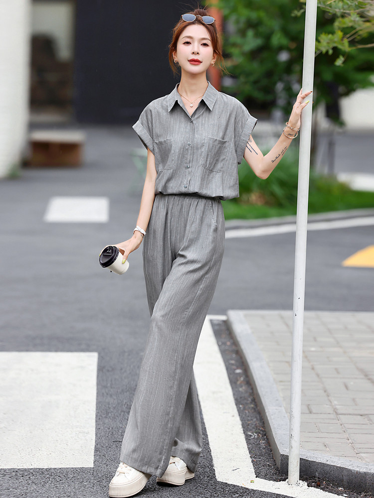 FALVLITE显瘦穿搭衬衫领休闲套装女夏季新款小个子时尚气质两件套,女装套装/套裙,梦依杭