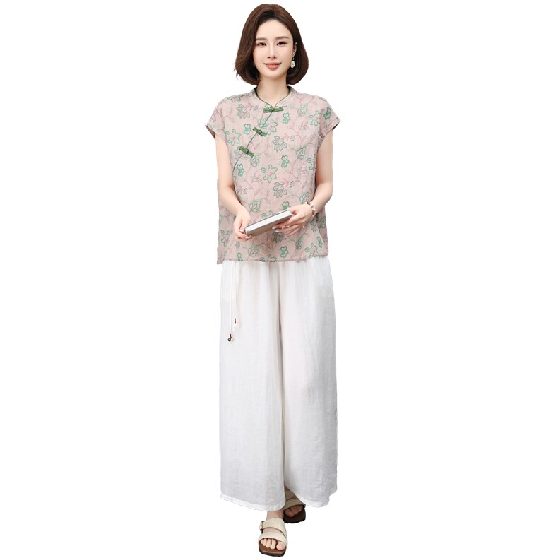 时尚夏季薄款2026新款苎麻大方得体低圆领刺绣优雅范上衣,女装套装/套裙,江忆布依