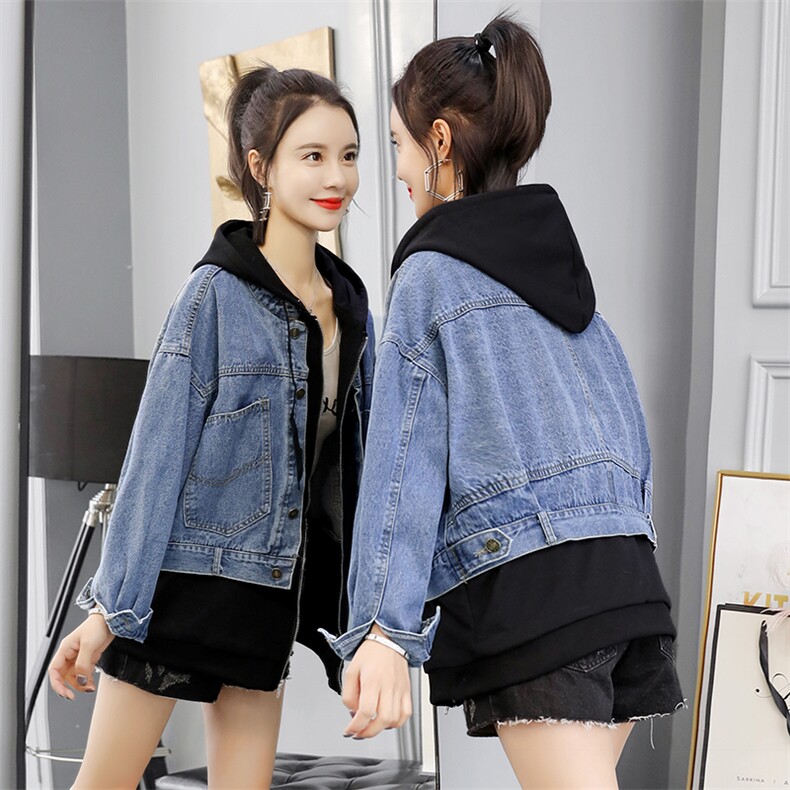 2021韩国ulzzang春秋季新款假两件拼接牛仔外套连帽女,女装短外套,潮品会