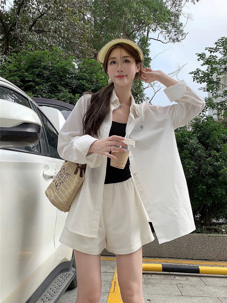 夏季亚麻刺绣休闲防晒衬衫+短裤套装图片