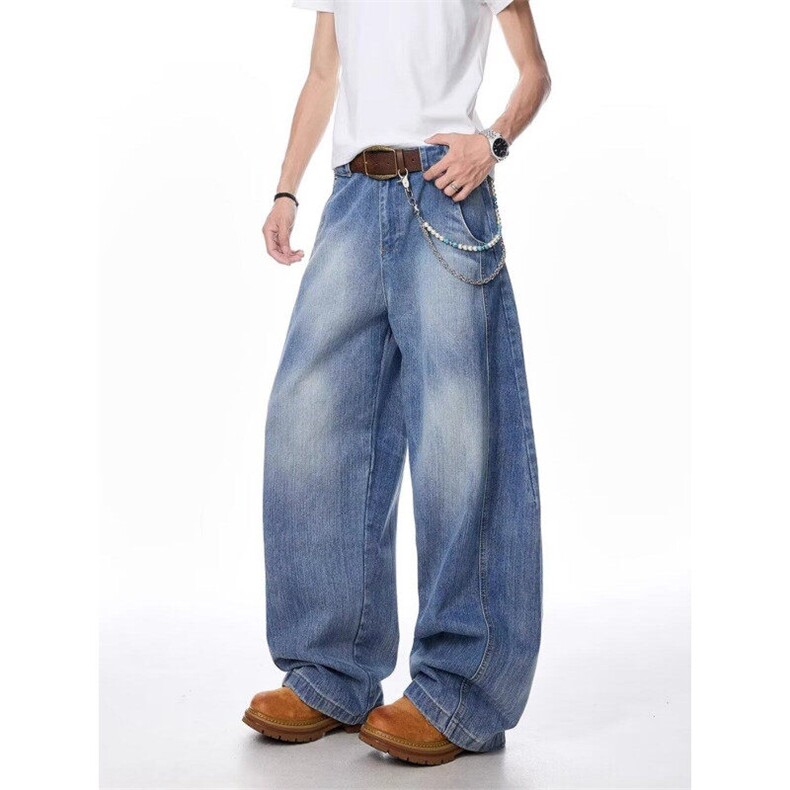 网图-N128-P60控88春装水洗牛仔裤宽松直筒弯刀裤潮流拖地裤，男装牛仔裤，电商B327