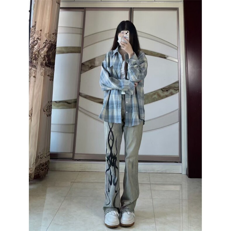 【有货】美式vibe黄泥色牛仔裤男女火焰残影直筒裤子NZ05HH-特P58,男装牛仔裤,星座1007（原301D）