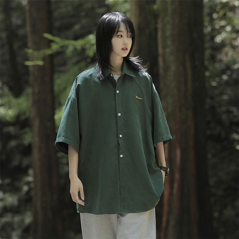 日系新款复古纯色短袖衬衫男女同款夏季宽松休闲情侣衬衣,男装衬衫,星座410-6（原星座1304-1）