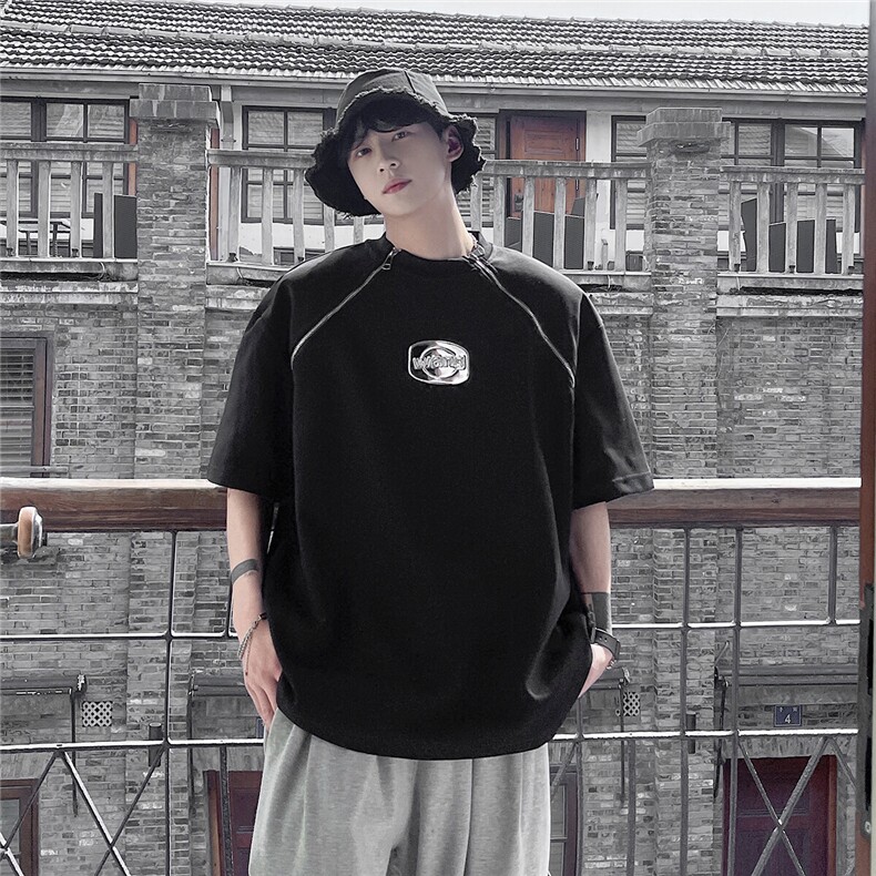 2025港风美式垫肩设计T恤男拉链WANG金属质感字母DT8791P55控78，男装T恤，星座227-7