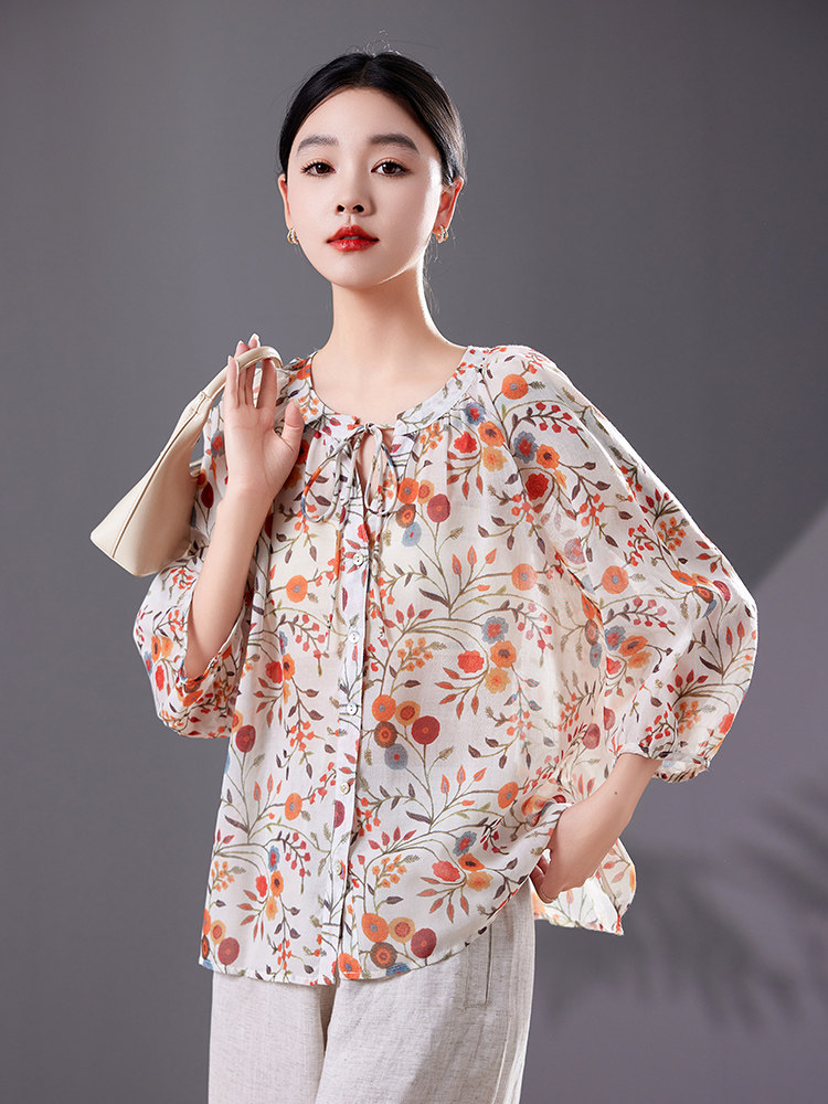 碎花中袖上衣女七分袖高端2025夏季宽松版减龄衬衫轻薄天丝防晒衣,女装衬衫,靓衣阁