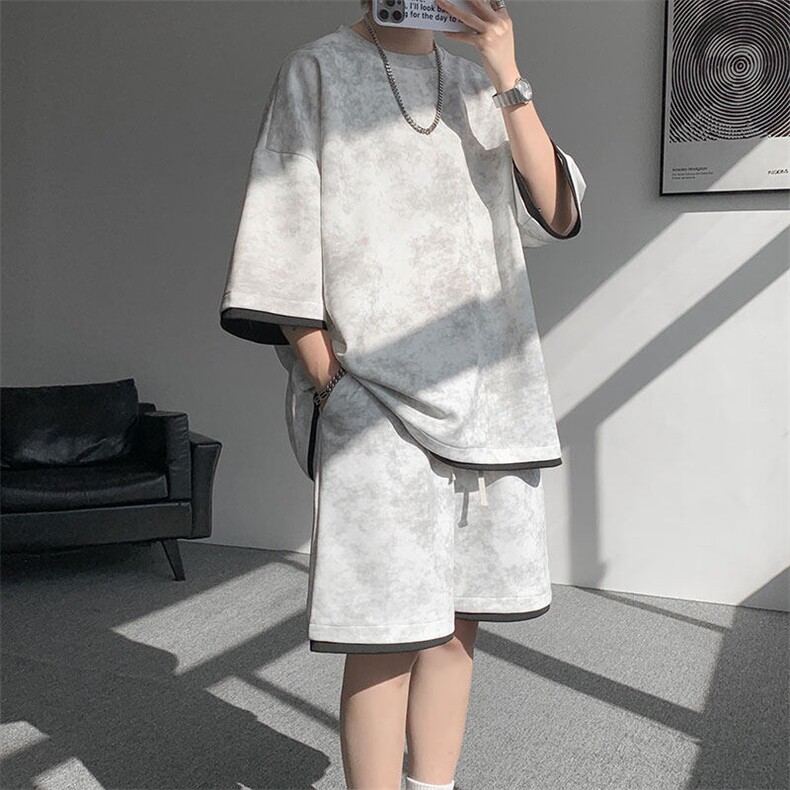 TZ775-特P50控88新款撞色拼接假2件套装短袖短裤T恤大码百搭,男装休闲套装,电商A059