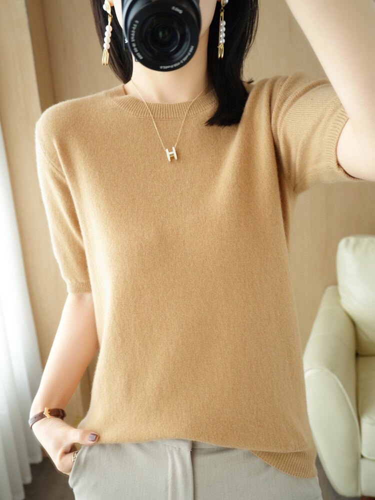 薄款针织短袖t恤女宽松2023夏季新款圆领短款上衣羊毛衫半袖体恤,针织衫/毛衣,林达羊绒