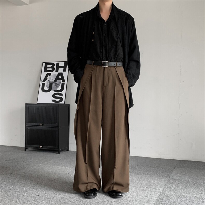 春装2025复古日系新中式男女阔腿抽褶小众拼接阔腿拖地裤堆叠西裤图片