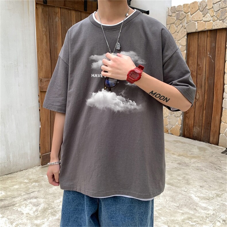 港风潮款夏季新款潮流男士云朵印花圆领大码短袖T恤1210-2-6601,男装T恤,星座1816-2（原1210–2）