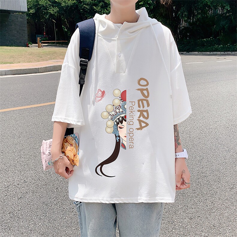 LD54161-P45连帽短袖t恤男大码胖子带帽五分袖中袖,男装T恤,电商A040