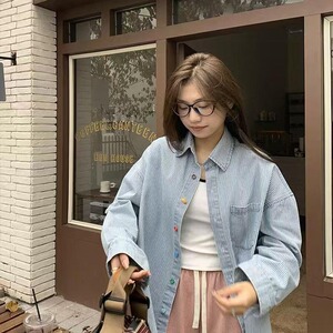 韩系小清新减龄撞色条纹衬衫男女春秋独特别致彩色扣休闲衬衣图片