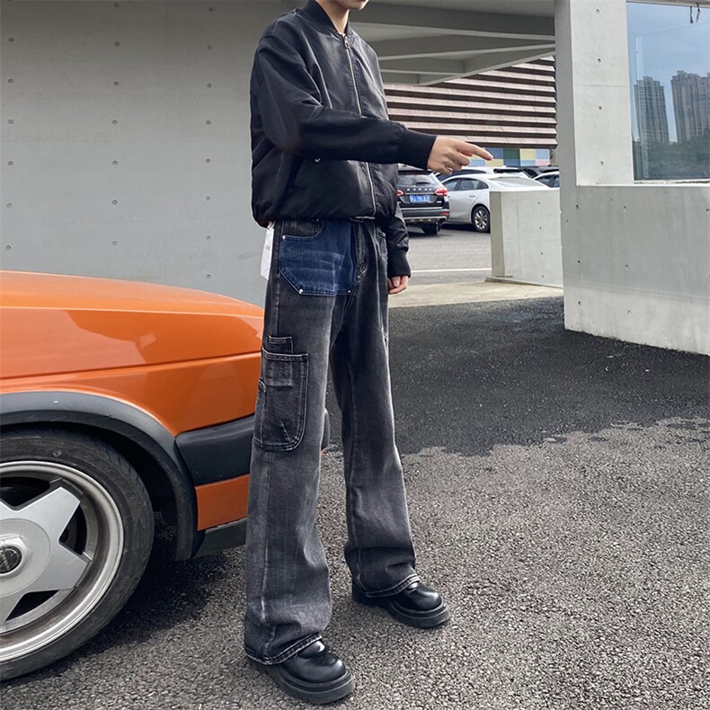 B221美式ins高街暗黑小众铆钉个性拼接牛仔裤LK23141-P65控88,男装牛仔裤,电商B221