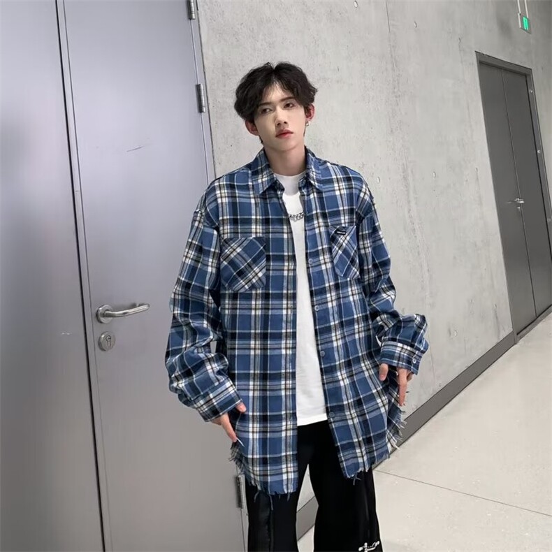 日系格子衬衫男长袖秋季青少年休闲宽松工装衬衣外套C157,男装衬衫,星座1116A-1（原606A）