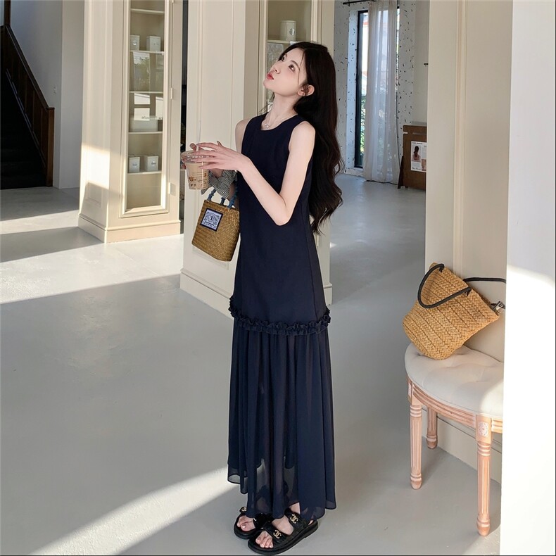 温柔风黑色显瘦气质无袖背心长裙夏季新款网纱拼接女神范连衣裙女,女装连衣裙,2C305
